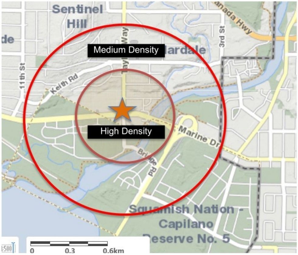 What the recommended Park Royal/Taylor Way transit-oriented area (TOA) would look like.