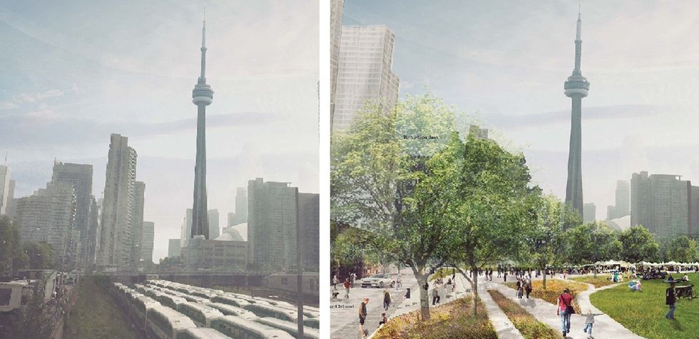 Before and after shot of Rail Deck park, which would be situated on Front Street between Bathurst Street and Blue Jays Way. (Photos by PUBLIC WORK)